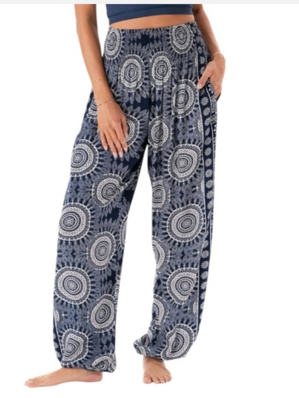 Lotus & Luna Women's Blue bohemian yoga festival Harem Patterned Pants Small